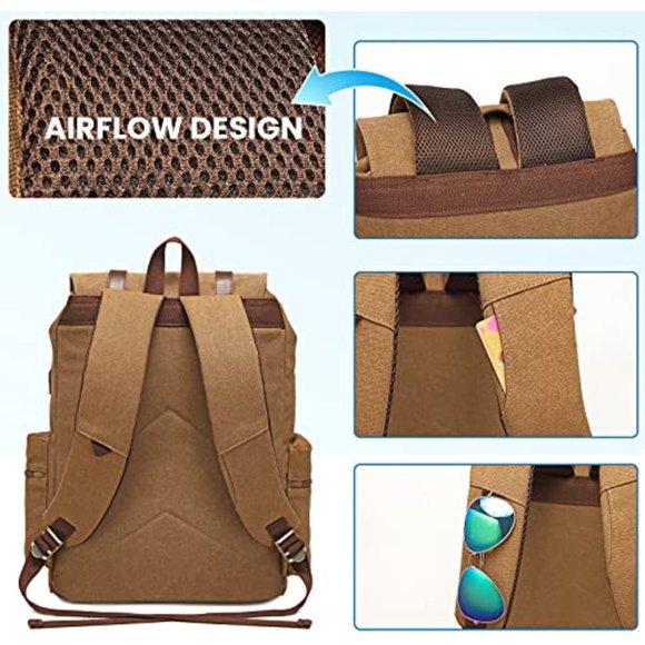 Mens Canvas Vintage Backpack for Men, Travel Laptop Backpack Fits 17/15.6 Inch - Picture 3 of 11